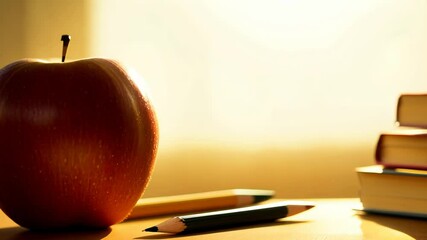 Bright sunlight filters through, highlighting stacked books with a pencil and an apple nearby, creating a warm study environment perfect for learning - Powered by Adobe