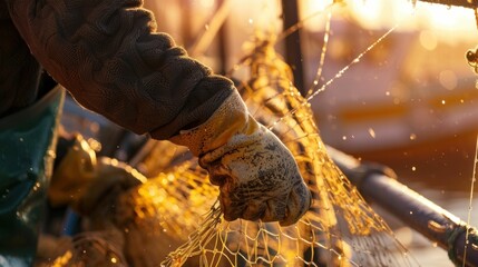 Fisherman repairing fishing net during sunrise, warm golden light illuminating the scene, creating a serene atmosphere