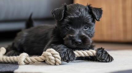 Playful Black Scottish Terrier Puppy Enjoying Rope Toy in Natural Light