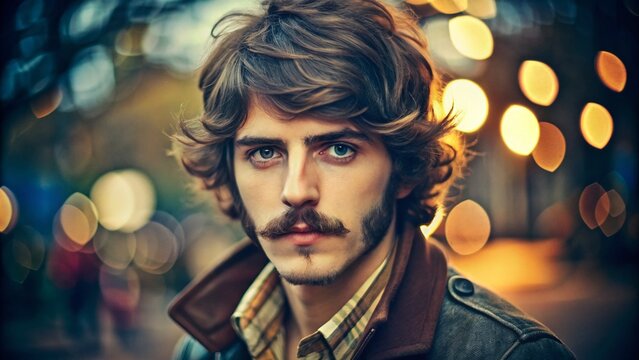 Retro-styled portrait of a young man with a shaggy, layered hairstyle, sporting a bushy mustache and sideburns,