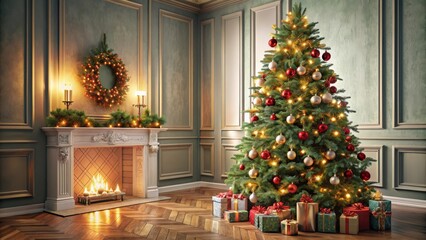 Stylish Christmas tree standing in a beautifully decorated room, stylish, Christmas tree, room, interior, holiday, festive