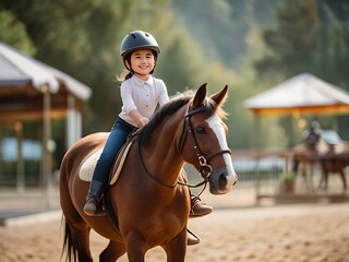 Obraz premium Happy girl child riding a horse while wearing a helmet