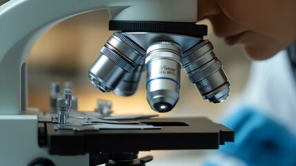 Close-up view of a scientist using a microscope to examine specimen, showcasing precision in scientific research and discovery.