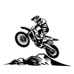 motocross jumping over bumps side view black and white vector line art