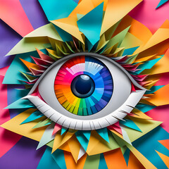 Eye made of paper on the abstract background.