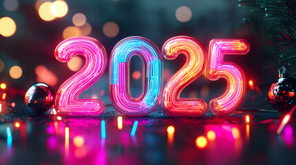 Colorful balloons forming '2025' for a New Year celebration in a room with pastel triangle flags hanging from the ceiling. The space is prepared for a party, with no people.