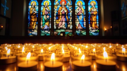 Candles lit in church with stained glass window backdrop