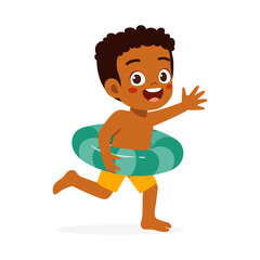 little kid running and wear swim ring
