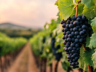 Fototapeta premium A close-up of ripe black grape clusters hanging among lush green vineyard leaves under a beautiful sunset.