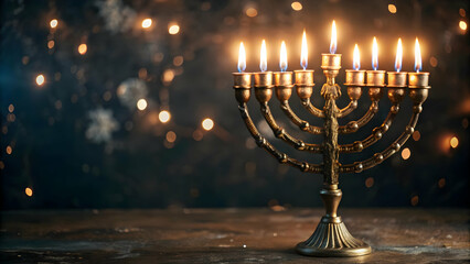 Fototapeta premium Vibrant Abstract Digital Art of Glowing Hanukkah Candles Surrounded by Swirling Light Effects - Perfect for Holiday Banners and eCommerce Campaigns