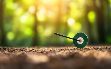 A close-up view of an arrow piercing a target in a serene forest setting, symbolizing focus and precision in archery.