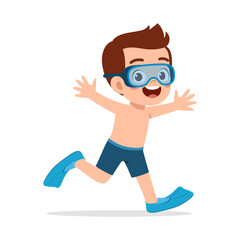 little kid wear swim goggles and fin while running