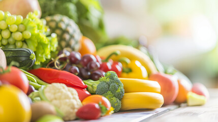 Close-up of vibrant fresh fruits and vegetables arranged in a balanced layout on a wooden table, symbolizing healthy gut nutrition and natural wellness.