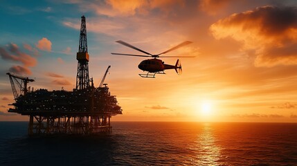A helicopter approaches an oil rig during a stunning sunset, illustrating energy production and offshore operations.
