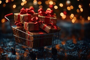 shopping cart overflowing with wrapped gift boxes and red bows set against a festive background with twinkling lights represents holiday sales and generous giving