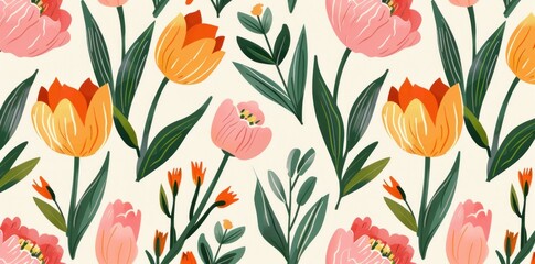 Bright floral pattern featuring tulips and leaves on a light beige background
