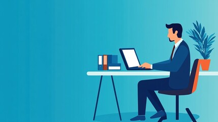 A professional man working on a laptop at a modern office desk surrounded by books and a plant, emphasizing productivity and focus.