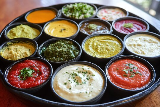 Colorful array of various Indian sauces in bowls.