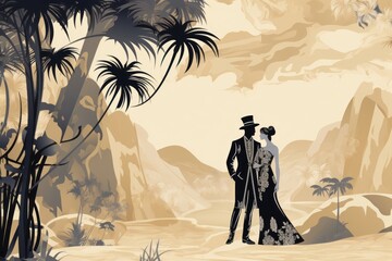 Oriental toile art style with couple in black and beige color outdoors nature plant.