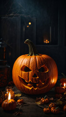 Obraz premium Carved Halloween Pumpkin with Flickering Candles in a Dark Setting