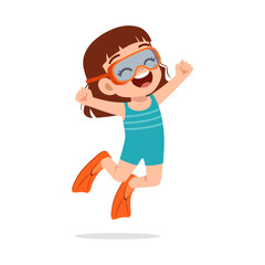 little kid wear swim goggles and fin while jumping