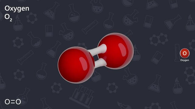 The video shows the chemical structure and 3d model of the oxygen molecule (O2). Oxygen is a colorless, odorless and tasteless gas. 3d rendering. seamless loop. black background