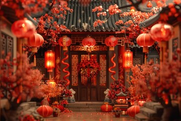 Chinese New Year Decorations for the Year of the Snake. Decorations, lanterns, cardboard dragon decorations. New Year card