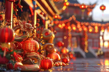 Naklejka premium Chinese New Year Decorations for the Year of the Snake. Decorations, lanterns, cardboard dragon decorations. New Year card