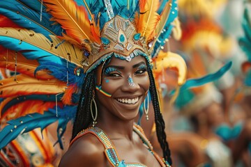close up image of dark skinned woman performer in carnival costumes at Brazilian Carnival