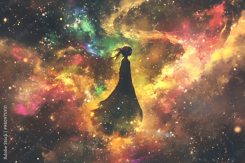 Sticker Silhouette of a woman standing in a colorful nebula with stars.