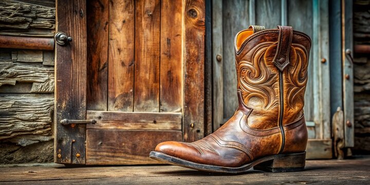 Rugged cowboy boot with intricate stitching and worn heel, poised to kick open a rustic wooden door with