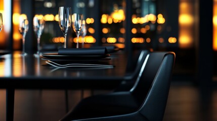 Elegant modern restaurant interior with dark furniture, neatly set tables, and ambient lighting for a cozy dining experience.