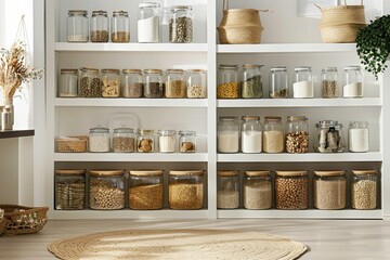 Organized kitchen pantry with neatly labeled jars and storage baskets in a bright, modern setting