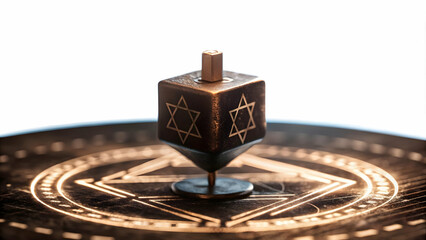 3D Close-Up of Dreidel Landing on Holographic Hebrew Letter in Futuristic Digital Setting � Macro Shot Blending Tradition and Technology