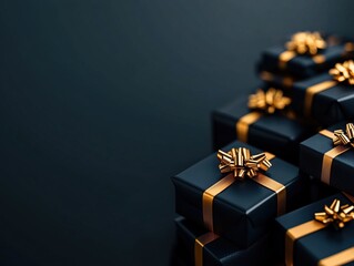 Elegant black gift boxes with golden ribbons, perfect for holidays, birthdays, and special celebrations.
