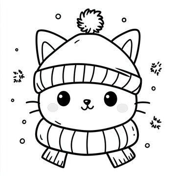 recommend clip art: Cute cat in a hat and scarf, black and white drawing for a children's coloring book.