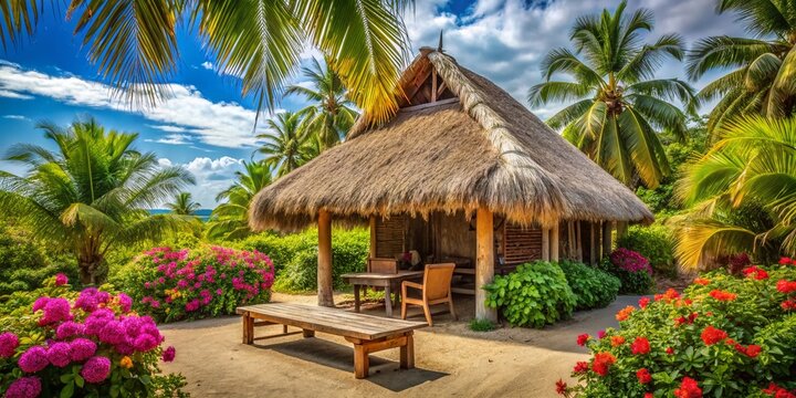 Rustic, thatched-roof bohio hut amidst lush greenery, wooden benches, and vibrant tropical flowers, evoking a serene