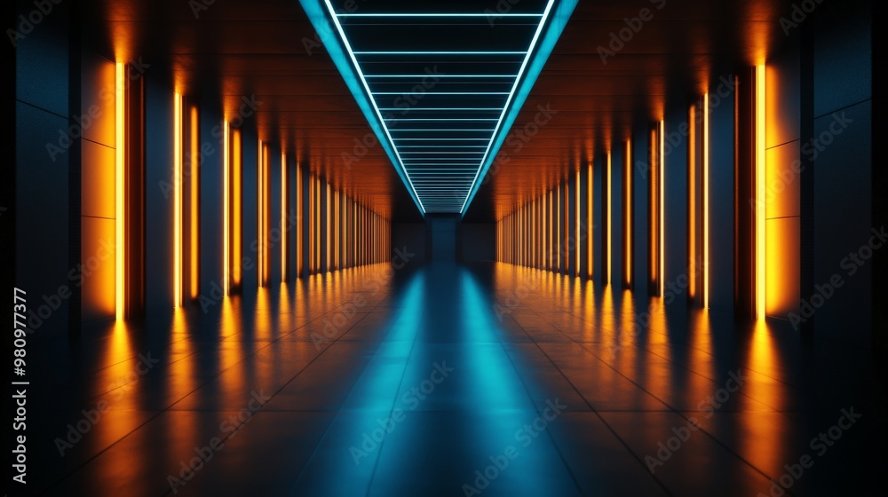 Wall mural Futuristic corridor with neon blue and orange lights, creating a high-tech and immersive environment, perfect for modern sci-fi themes.