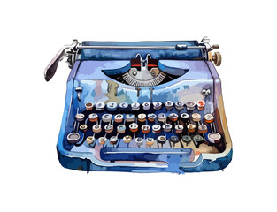 Vintage blue typewriter isolated on white background with watercolor paint effect