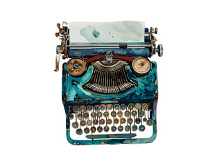 Vintage blue typewriter isolated on white background, retro technology and writing concept
