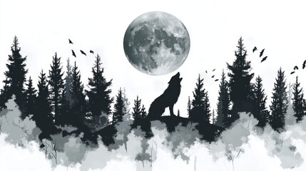 Silhouette of a howling wolf against a full moon with pine trees and birds, evoking a mystical and wild forest scene.