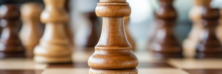 A close-up shot of wooden chess pieces on a chessboard, with focus on a single pawn in the foreground.