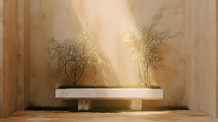Landscape art, many landscape trees, marble bench, beige background walls,  flowers, grass, trees, stones, landscape design, Modern courtyard
