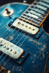 Naklejka premium A close-up of a vintage electric guitar, showing worn details and aged elements, highlighting its character and history.