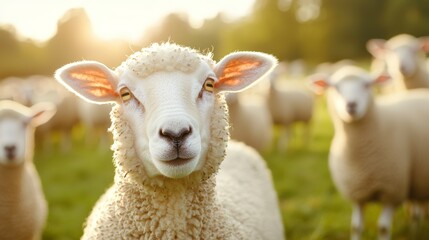 Fototapeta premium A flock of sheep scattered in a sunlit pasture, with one sheep looking directly at the camera, symbolizing the peaceful joy of a warm countryside day.