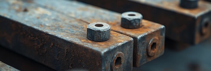 Detailed shot showcasing rusty metal bars with nuts placed on top, highlighting industrial and aged elements.