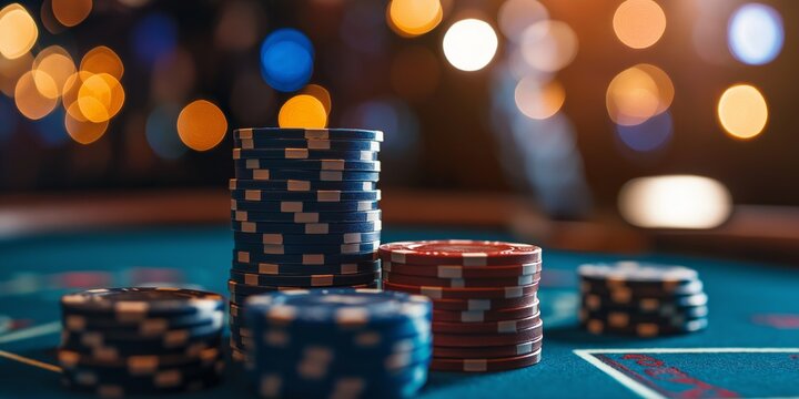 A vibrant scene of poker chips stacked on a casino table, illuminated by out-of-focus lights in the background.