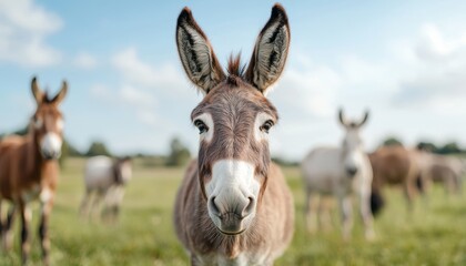 A herd of curious donkeys grazing in a field, with one donkey looking straight into the camera, surrounded by fresh green grass and the warmth of the sun.