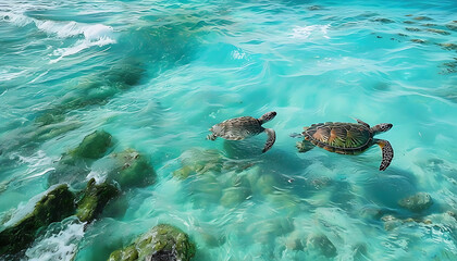 Fototapeta premium Serene Lagoon with Gentle Waves Featuring a Pair of Sea Turtles Swimming Peacefully