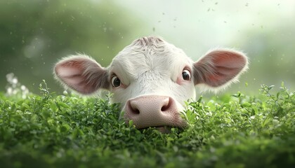 A joyful cow contentedly chewing on lush green grass, with its ears perked up and the soft glow of the countryside surrounding it.